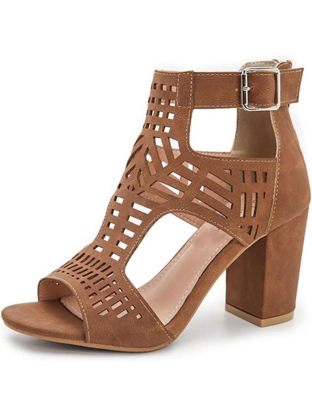 Women's Brown Summer Open Toe Bohemian Cutout Wedge Chunky Block Heeled Sandals
